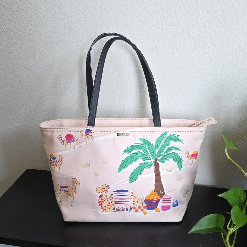 Kate Spade Spice Camel Canvas Tote Black Leather Handle Vacation Limited Edition